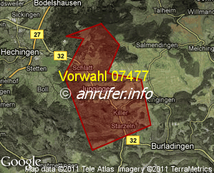 Vorwahlkarte 07477 – Jungingen b Hechingen
