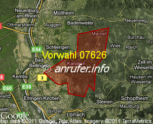 Vorwahlkarte 07626 – Kandern
