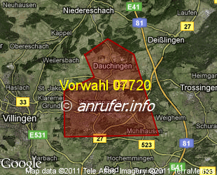 Vorwahlkarte 07720 – Schwenningen a Neckar