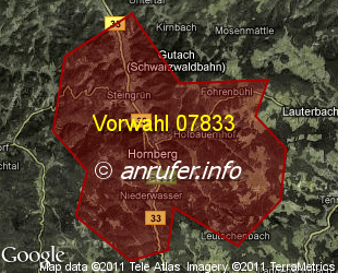 Vorwahlkarte 07833 – Hornberg Schwarzwaldbahn