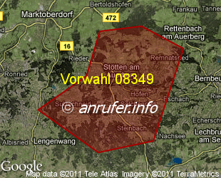 Vorwahlkarte 08349 – Stötten a Auerberg