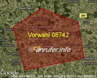 Vorwahlkarte 08742 – Velden Vils