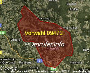 Vorwahlkarte 09472 – Hohenfels  Oberpf
