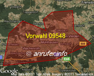 Vorwahlkarte 09548 – Mühlhausen Mittelfr