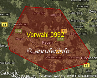 Vorwahlkarte 09921 – Regen